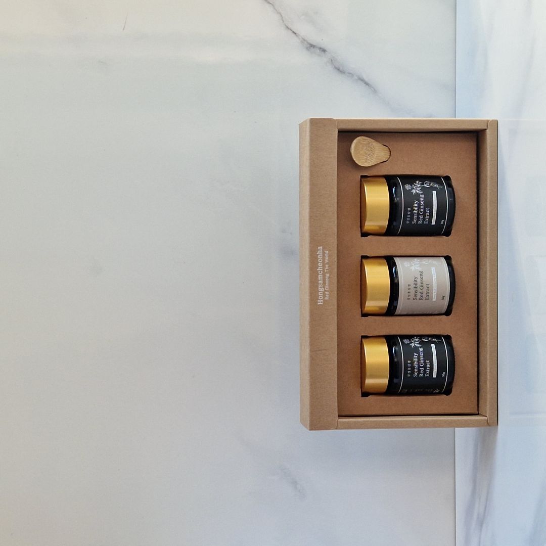 Coffret prestige de ginseng rouge coréen – Extrait 100 % ginseng, 3 pots de 50 g + cuillère doseuse – Hongsamcheonha.