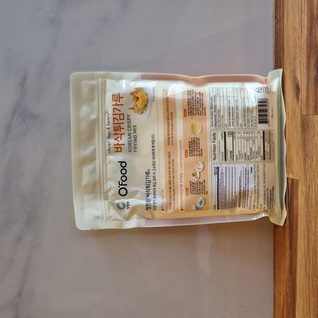 Photo du dos du sachet contenant la poudre pour faire la pâte de friture coréenne instantanée