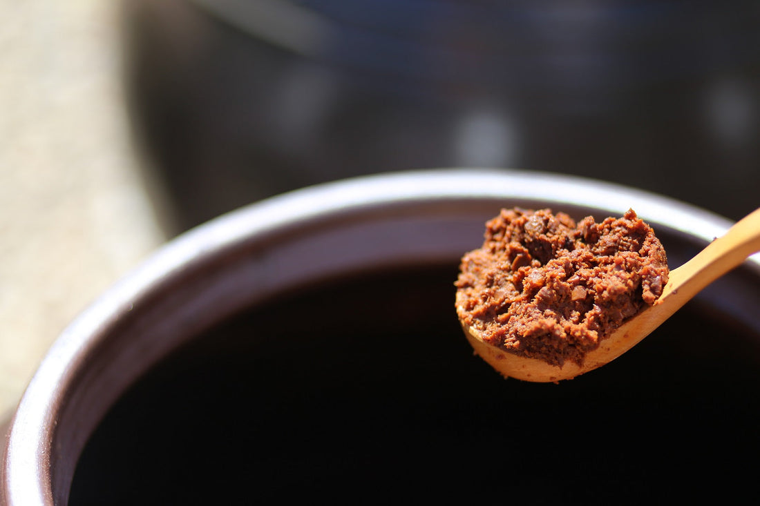 Cuillère de doenjang prélevé d'une jarre