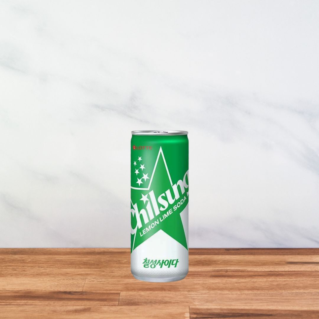 Chilsung Lemon Lime Soda Lotte 250ml — soda coréen citron citron vert en canette, design vert et blanc avec logo étoilé, 칠성사이다