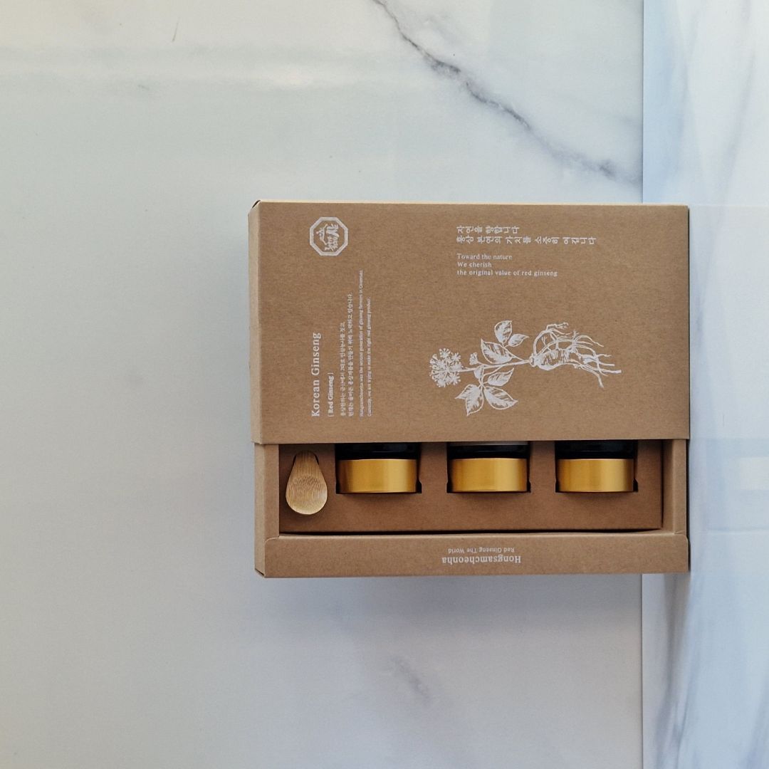 Coffret cadeau de ginseng rouge coréen – Extrait 100 % ginseng, 3 pots de 50 g + cuillère doseuse – Hongsamcheonha.